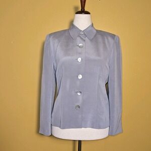 Pursuits Ltd 100% Silk Jacket Blouse Gray 10 Button Shoulder Pads Buttons VTG